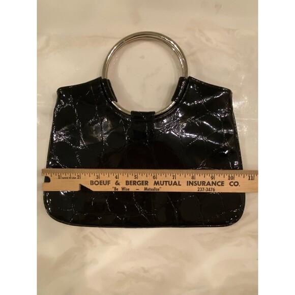 Black Patent Faux Leather Alligator? Print Handbag Unique Silver Hoop Handle - Picture 7 of 8